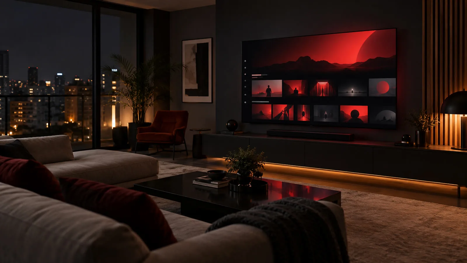 Televisão ligada em uma sala moderna
